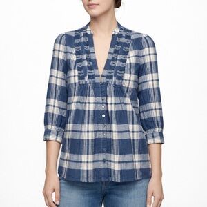 Joie Blouse Women’s XS Blue White Plaid Boho Peasant 3/4 Sleeve Top Babydoll